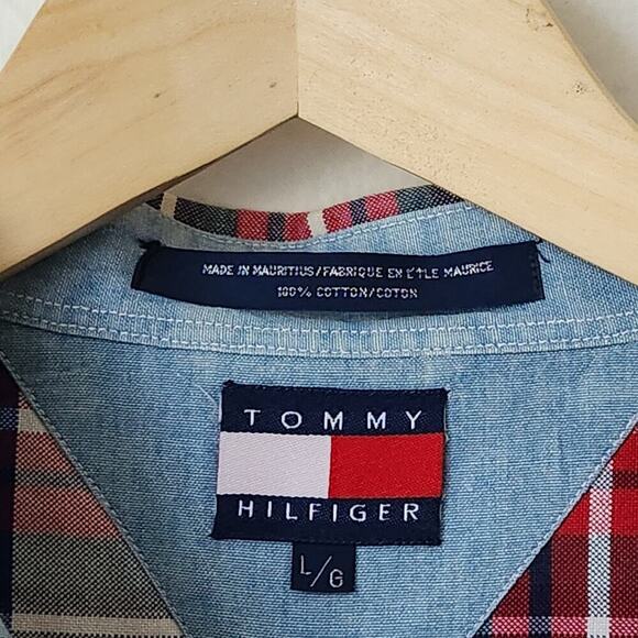 y2k Tommy Hilfiger cotton‎ red plaid mens button up long sleeve shirt L - Picture 3 of 7